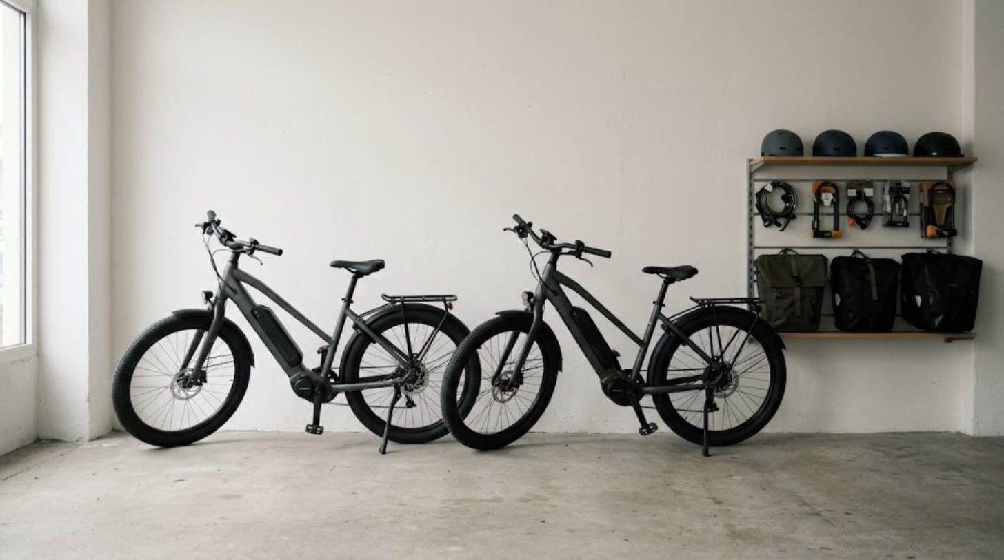 Zwei E-Bikes im Ladenraum, daneben ein Regal mit Helmen, Schlössern und Fahrradtaschen