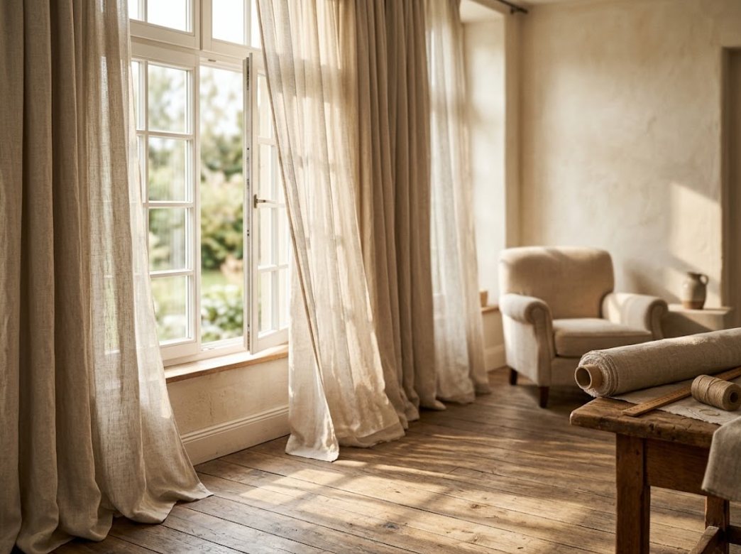Leinenvorhänge an einem hohen Fenster