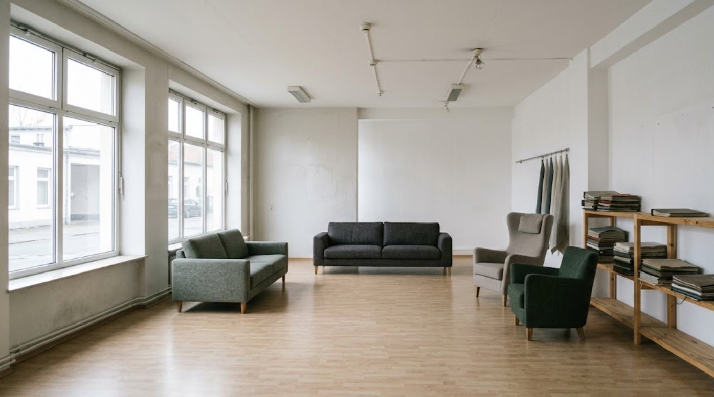 Ausstellung mit Stoffbahnen, Musterbüchern und Polstermöbeln