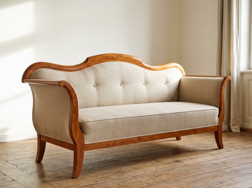Aufgearbeitetes Biedermeier-Sofa mit hellem Leinenbezug
